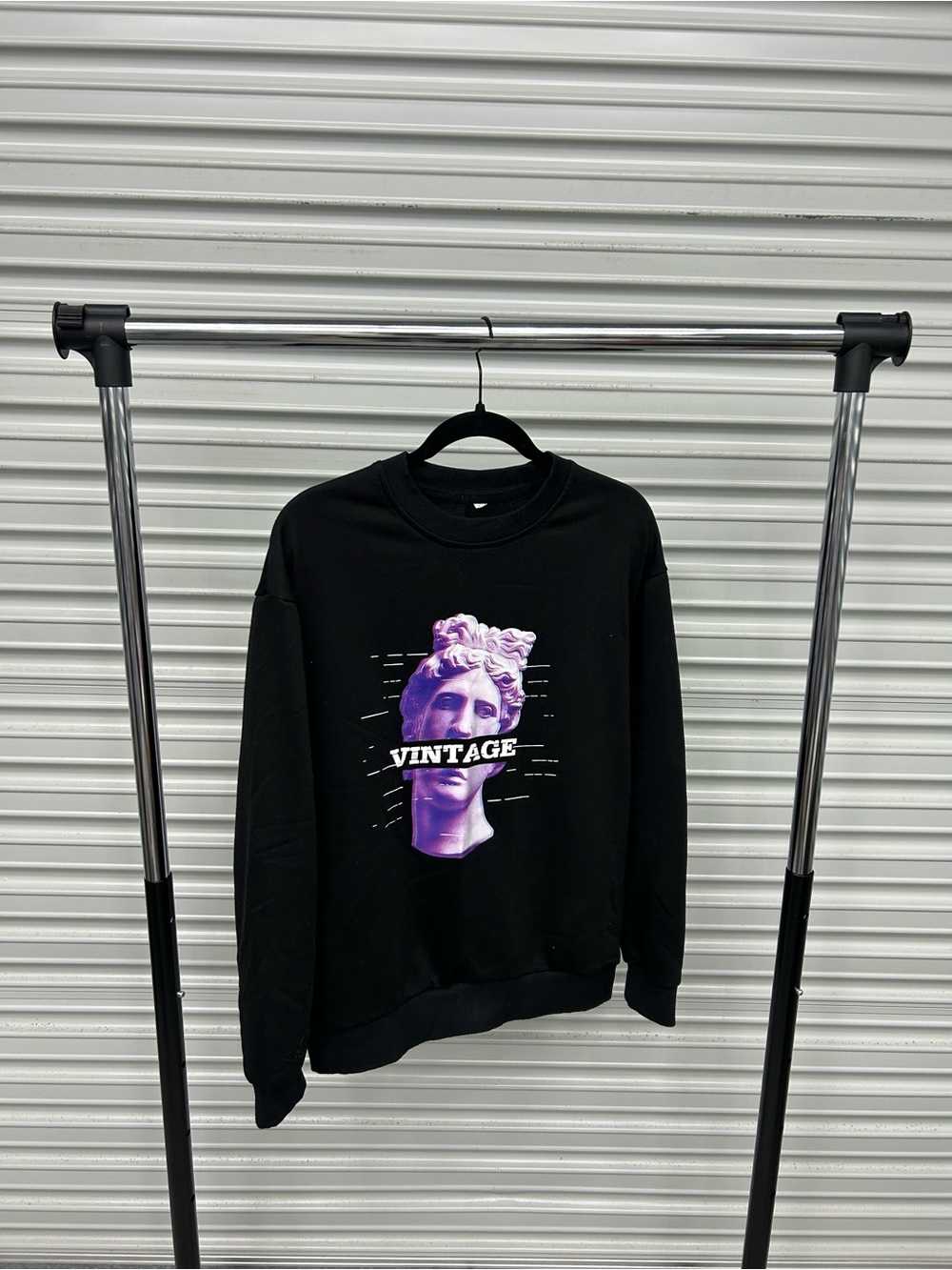 Men's Black Crewneck Sweatshirt with Purple Statue Graphic